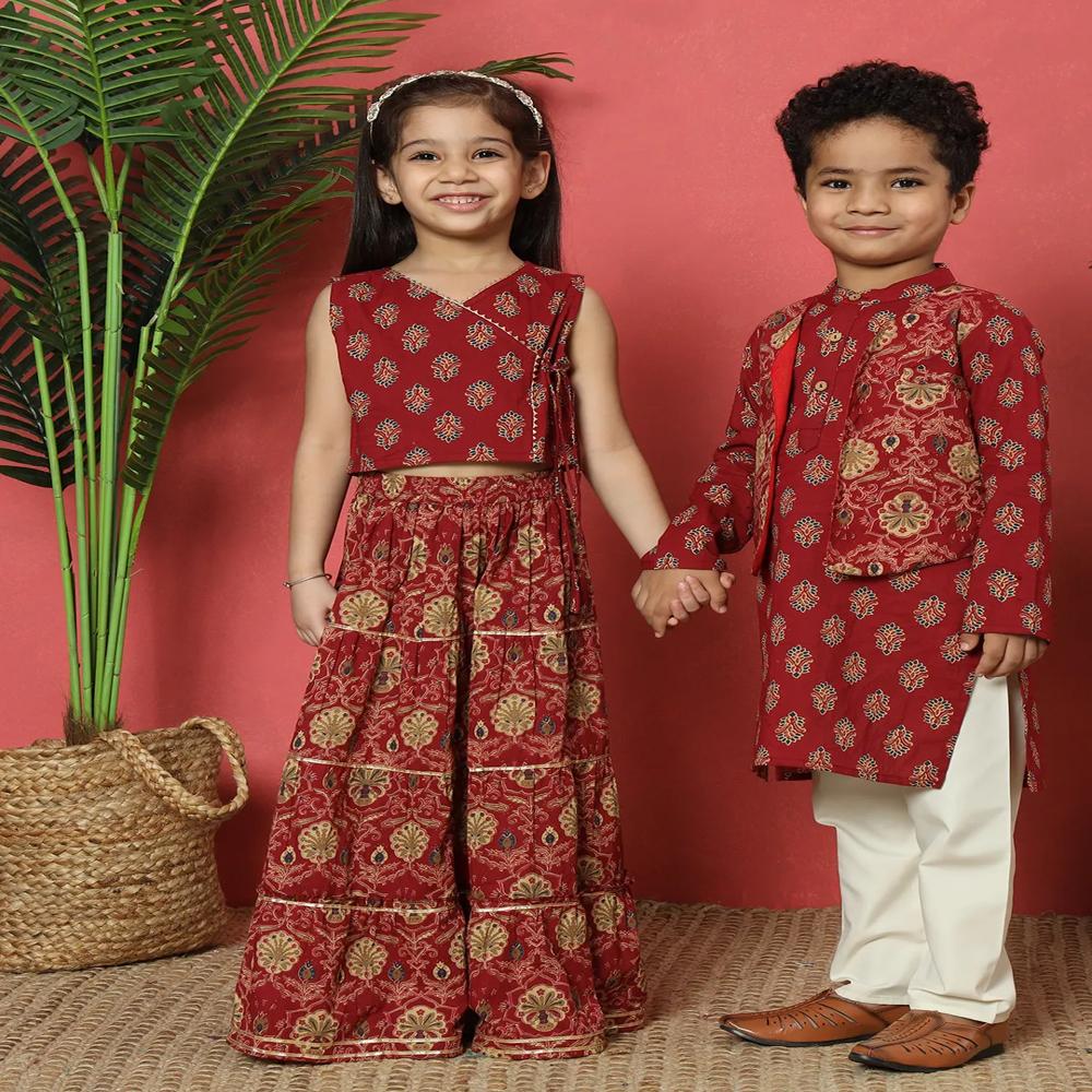 Boys Straight Style Cotton Fabric Maroon Color Kurta And Pyjama With Nehru Jacket