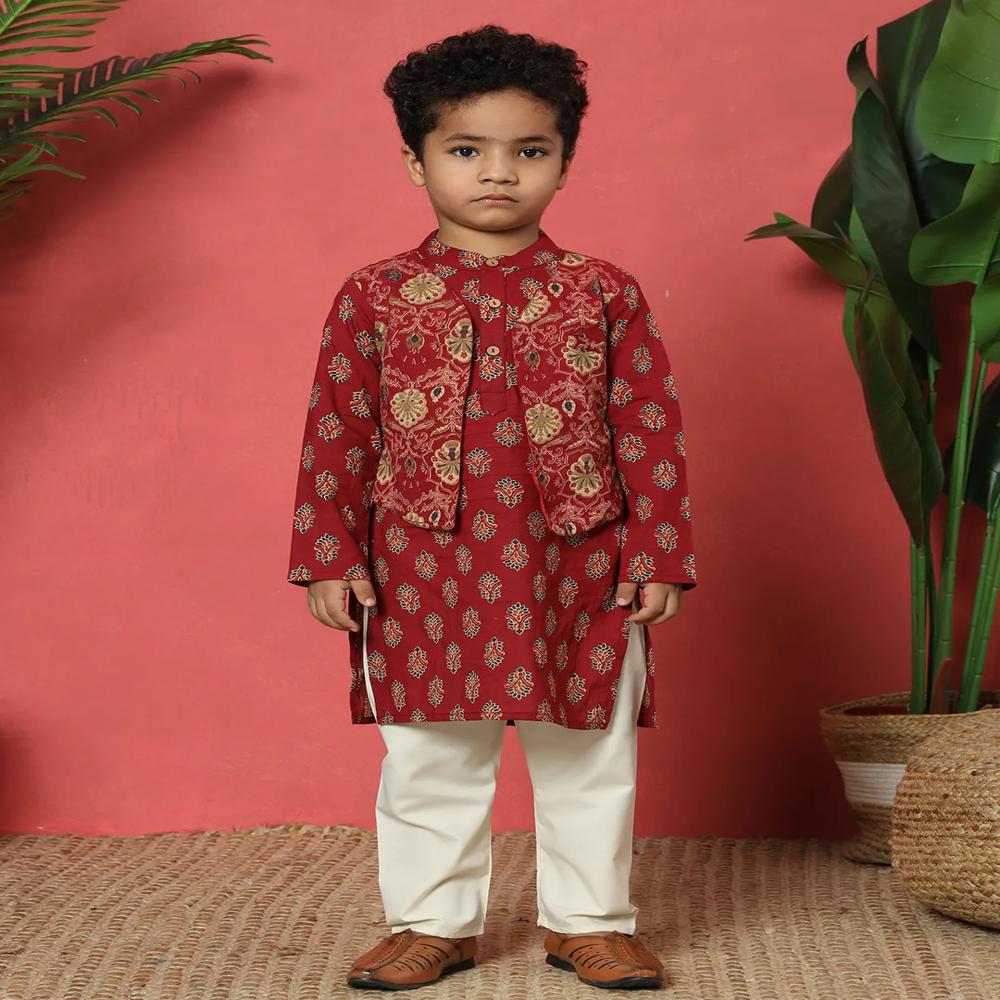 Boys Straight Style Cotton Fabric Maroon Color Kurta And Pyjama With Nehru Jacket