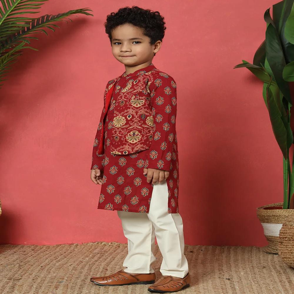 Boys Straight Style Cotton Fabric Maroon Color Kurta And Pyjama With Nehru Jacket