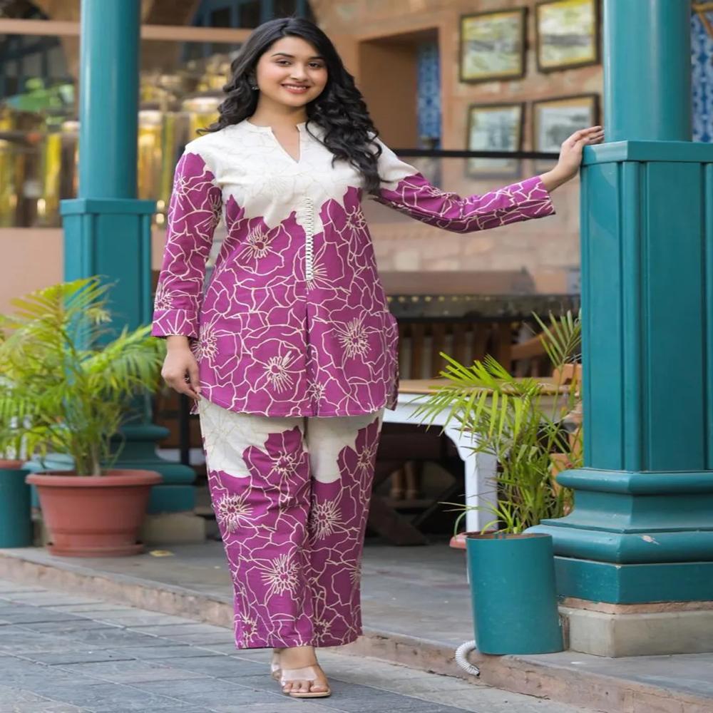 Curved Style Cotton Flex Fabric Magenta Color Co-Ord Set