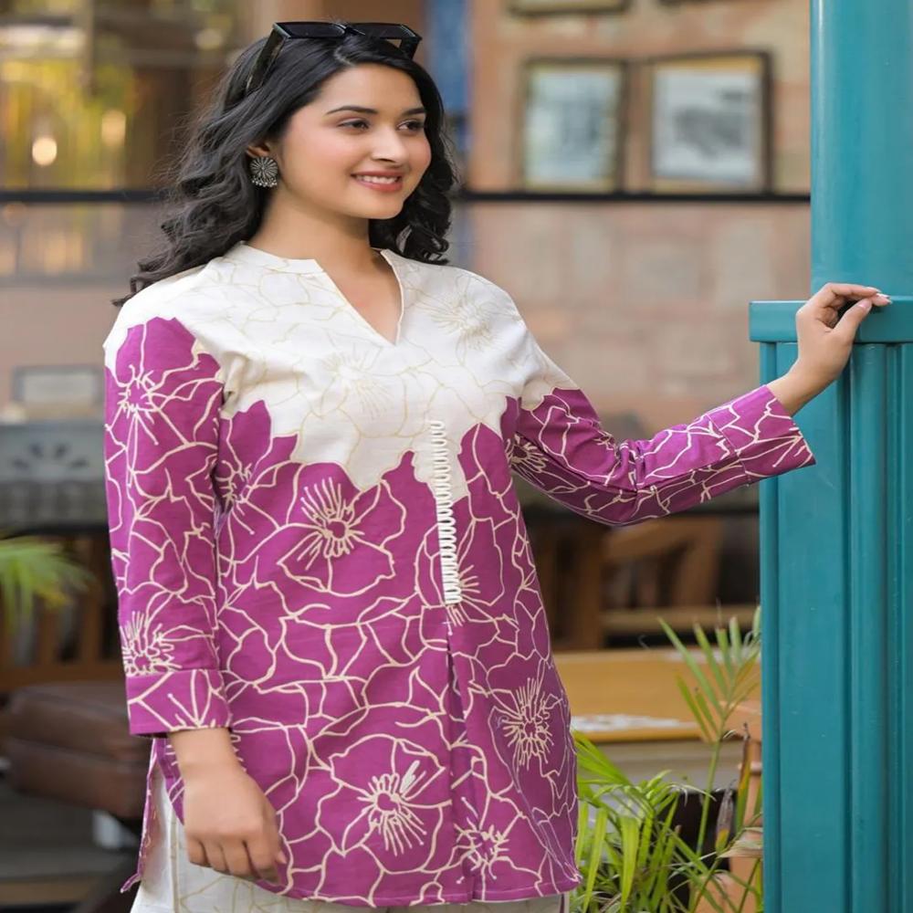 Curved Style Cotton Flex Fabric Magenta Color Co-Ord Set