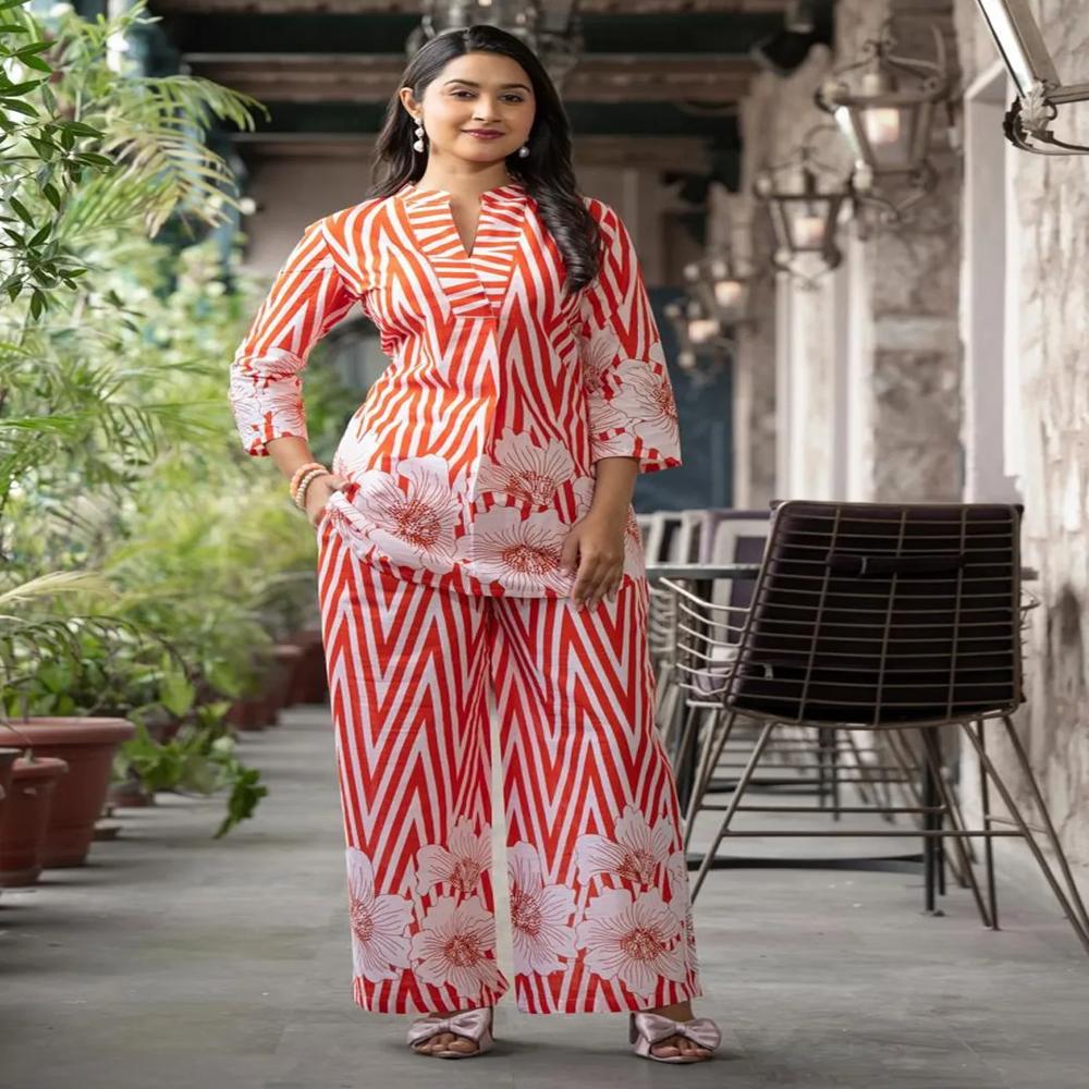 Curved Style Cotton Fabric Orange Color Co-Ord Set