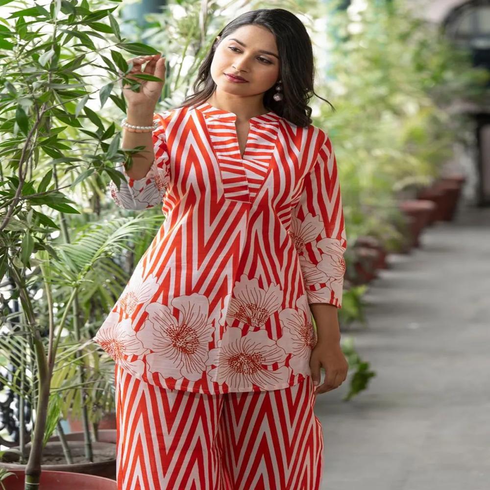 Curved Style Cotton Fabric Orange Color Co-Ord Set