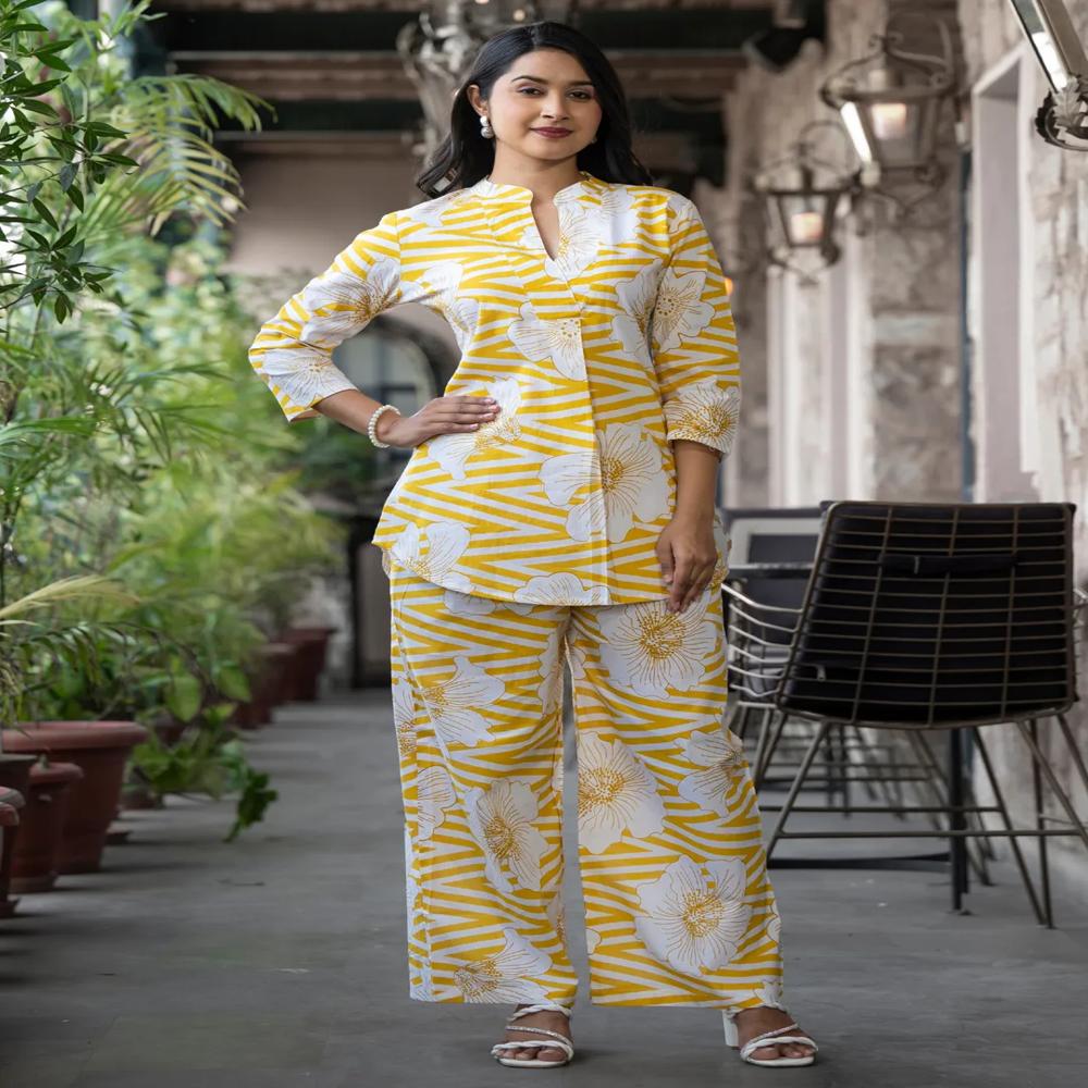 Curved Style Cotton Fabric Yellow Color Co-Ord Set