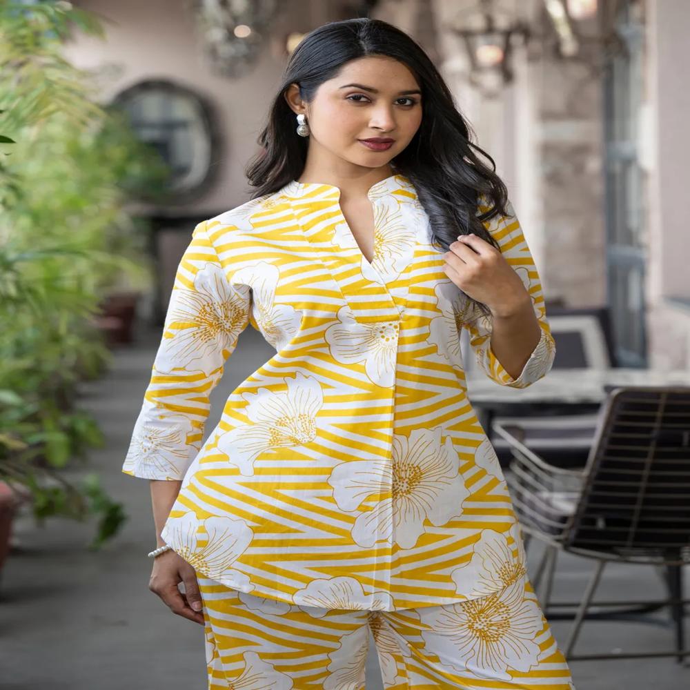 Curved Style Cotton Fabric Yellow Color Co-Ord Set