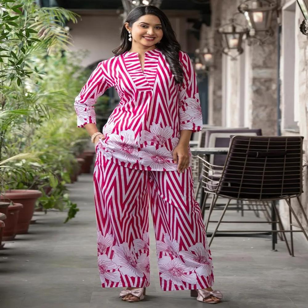 Curved Style Cotton Fabric Maroon Color Co-Ord Set