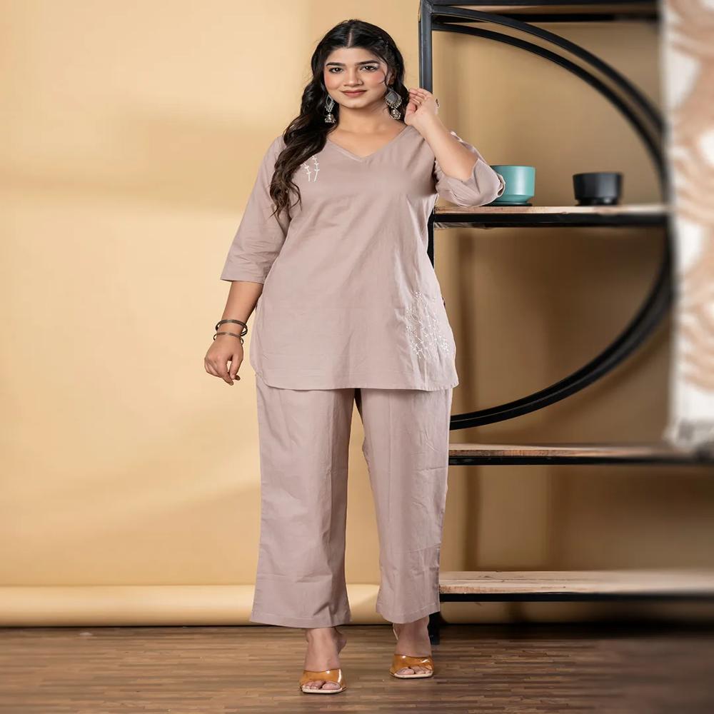 Curved Style Cotton Fabric Brown Color Co-Ord Set