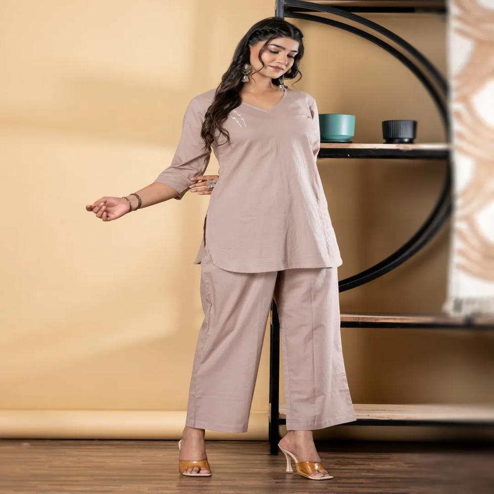 Curved Style Cotton Fabric Brown Color Co-Ord Set