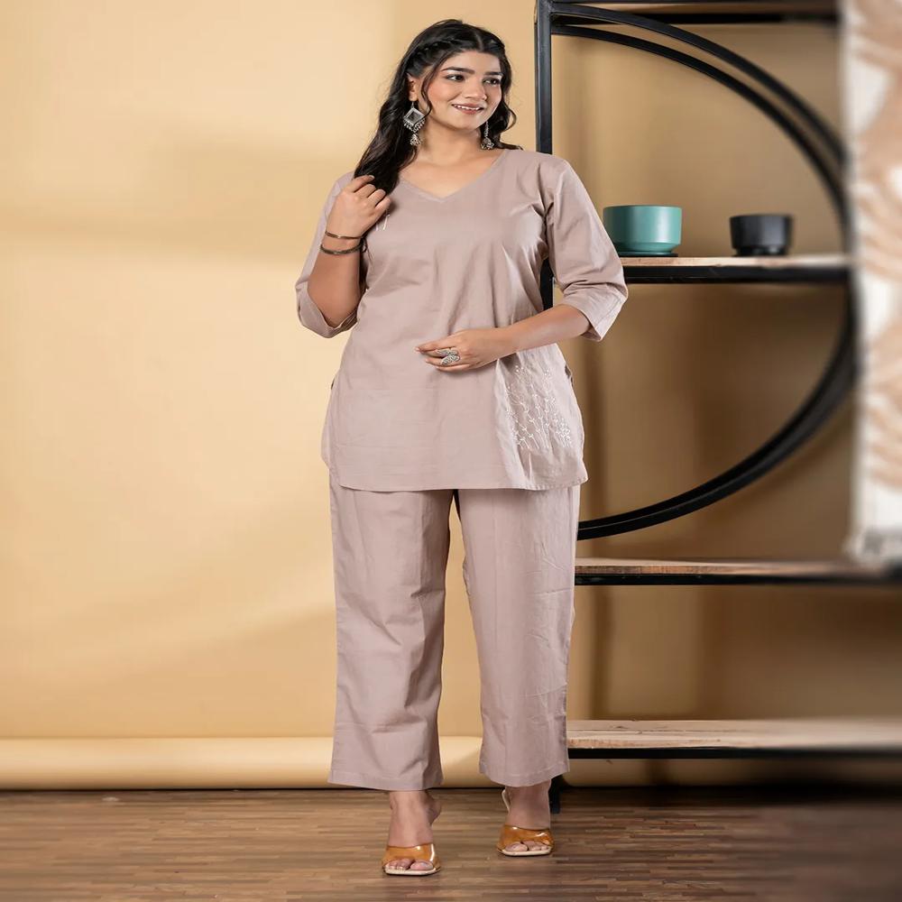 Curved Style Cotton Fabric Brown Color Co-Ord Set