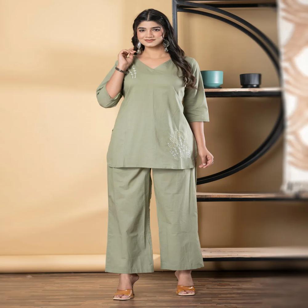 Curved Style Cotton Fabric Green Color Co-Ord Set