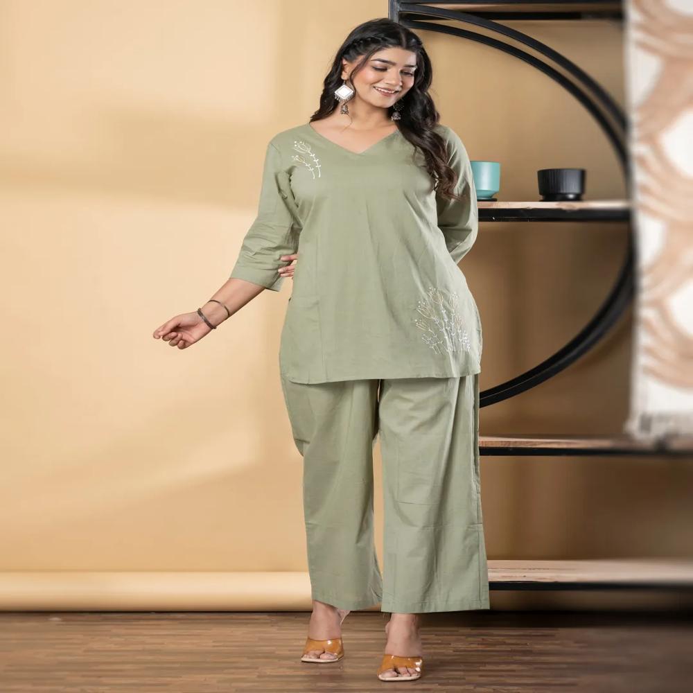 Curved Style Cotton Fabric Green Color Co-Ord Set