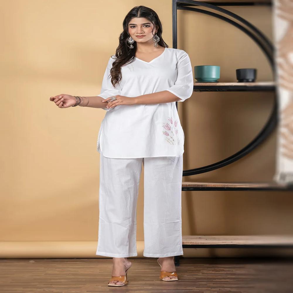 Curved Style Cotton Fabric White Color Co-Ord Set