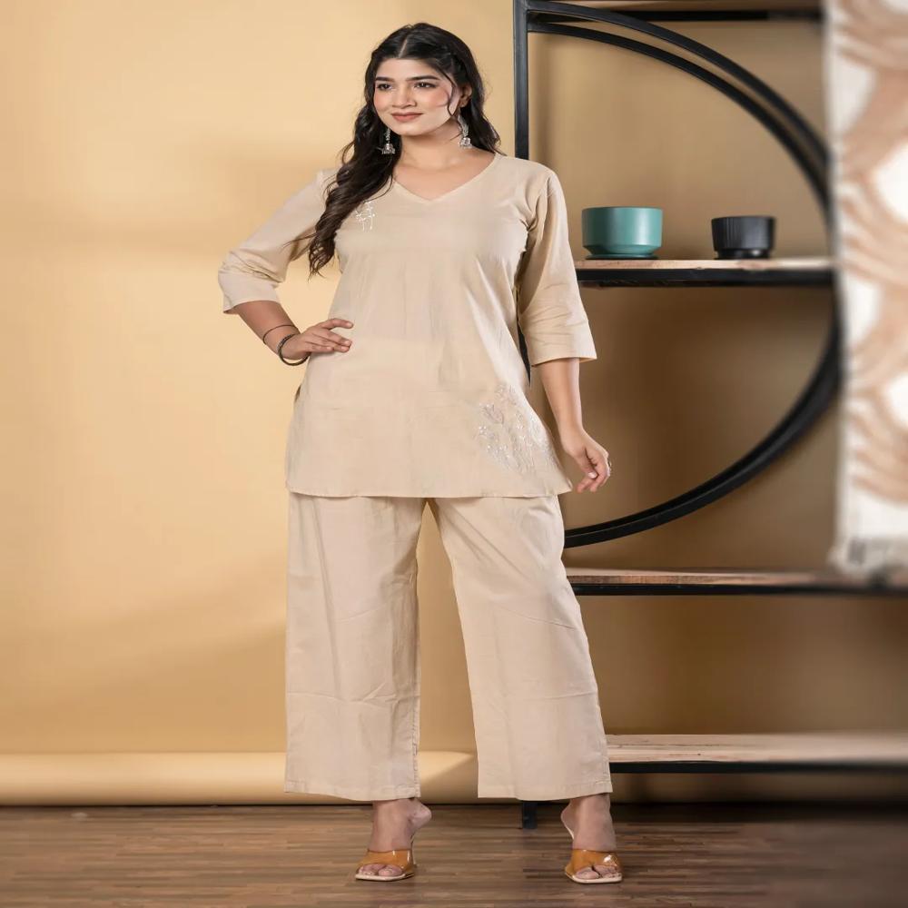 Curved Style Cotton Fabric Nude Color Co-Ord Set