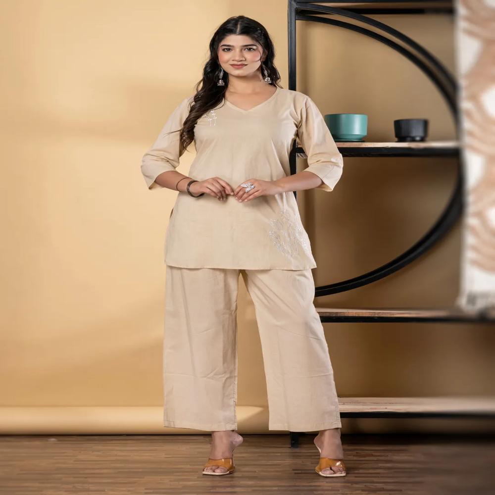 Curved Style Cotton Fabric Nude Color Co-Ord Set