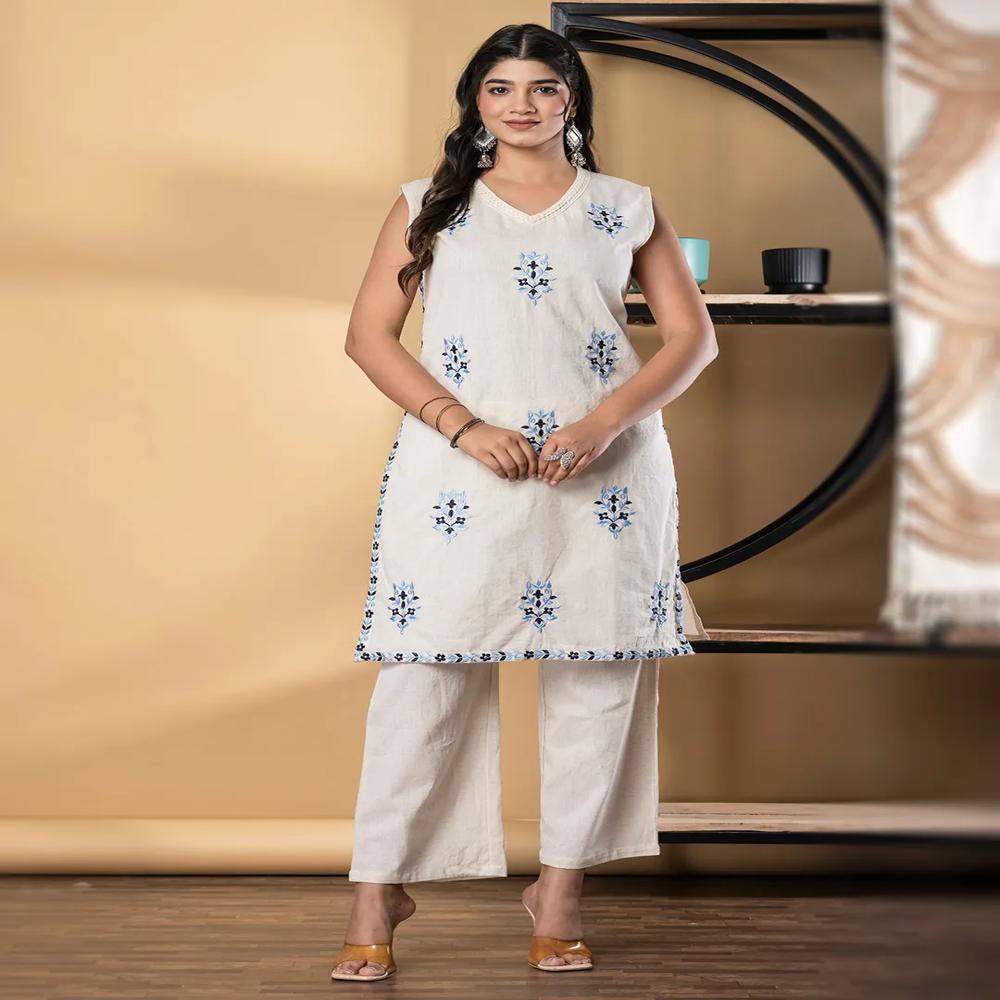 Straight Style Cotton Flex Fabric Off White Color Co-Ord Set