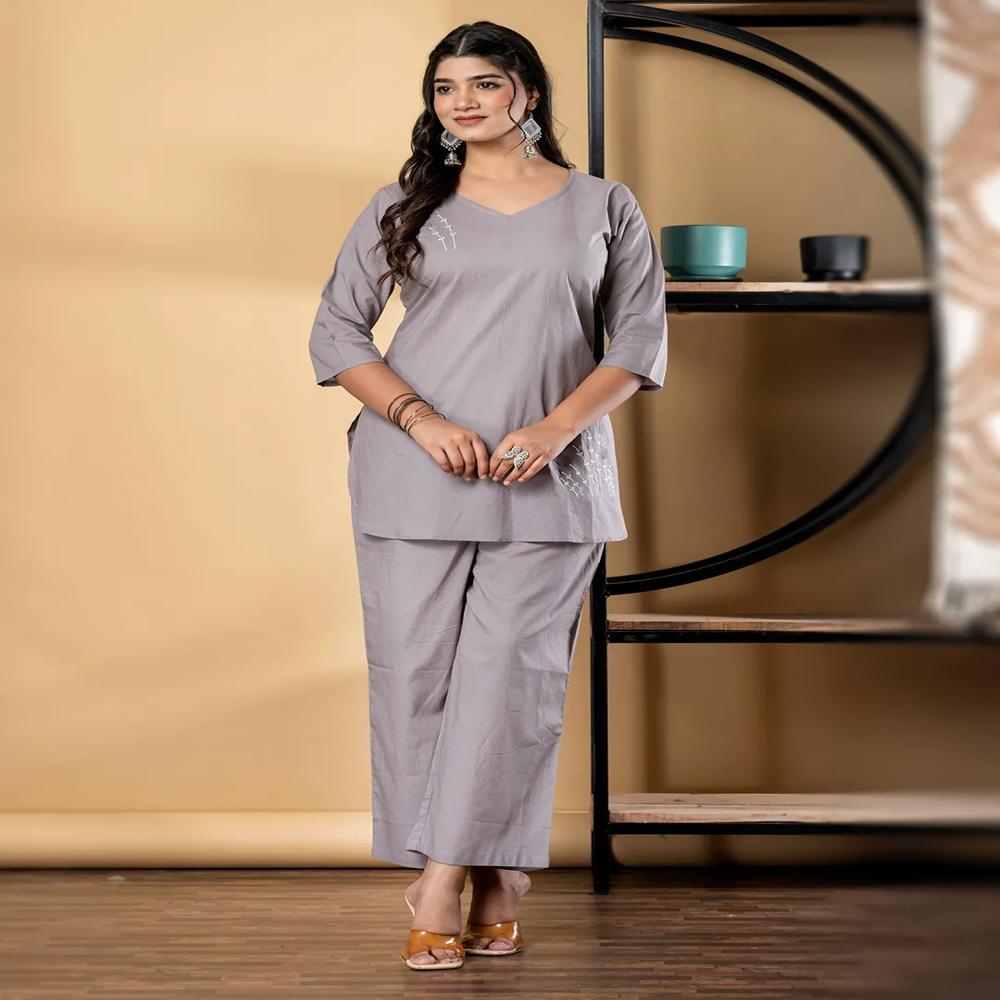 Curved Style Cotton Fabric Beige Color Co-Ord Set