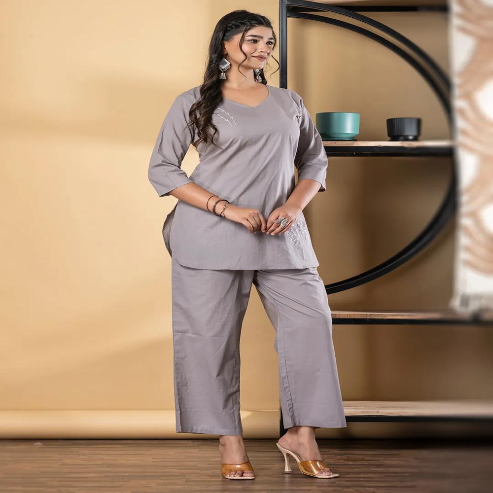 Curved Style Cotton Fabric Beige Color Co-Ord Set