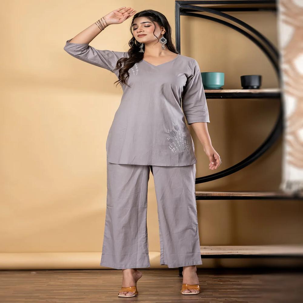 Curved Style Cotton Fabric Beige Color Co-Ord Set