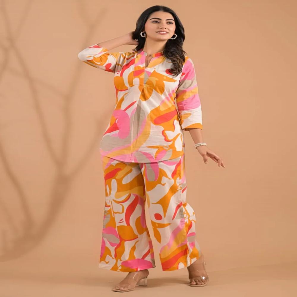 Curved Style Cotton Fabric Pink Color Co-Ord Set
