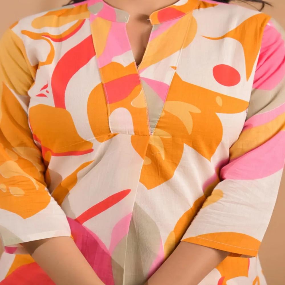 Curved Style Cotton Fabric Pink Color Co-Ord Set