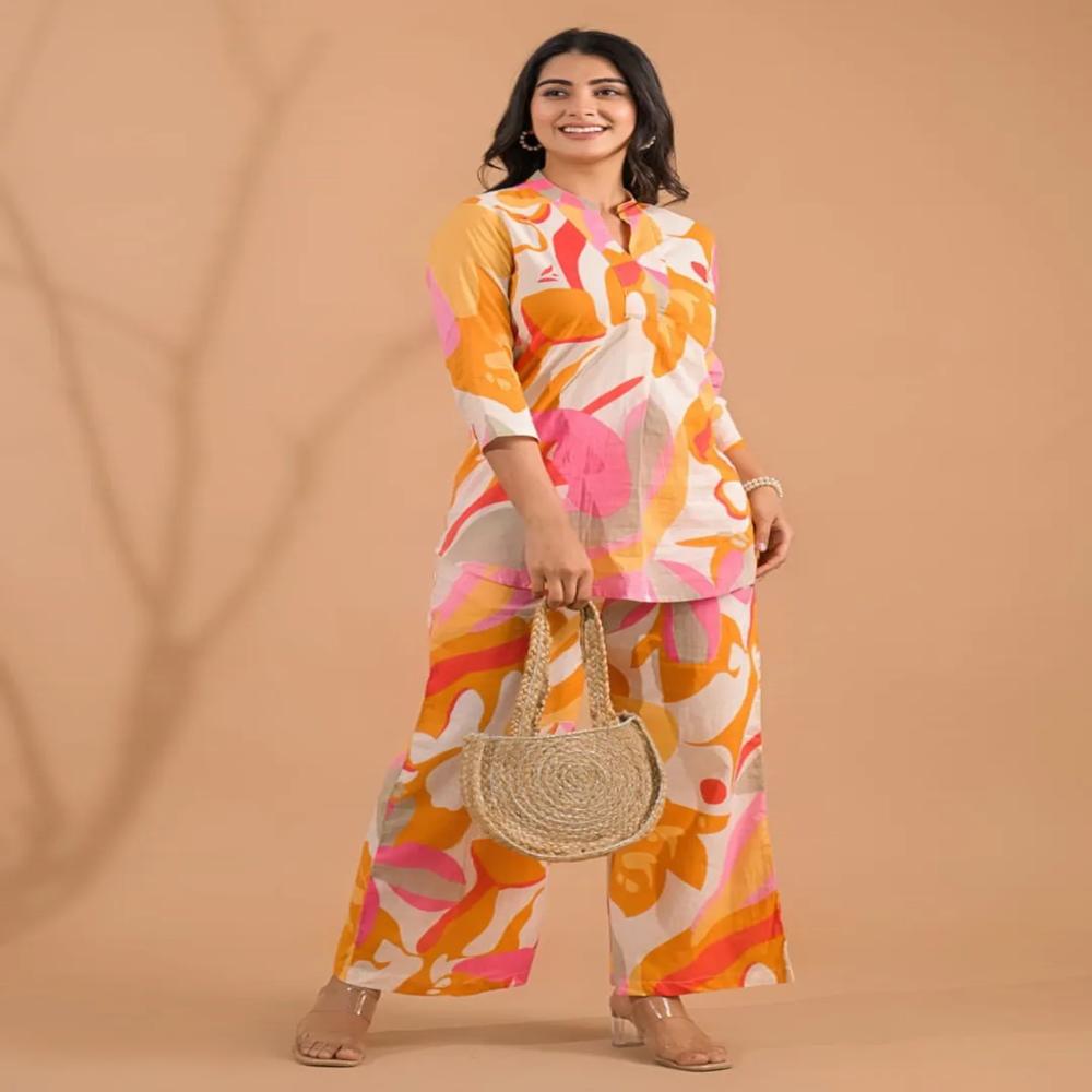 Curved Style Cotton Fabric Pink Color Co-Ord Set