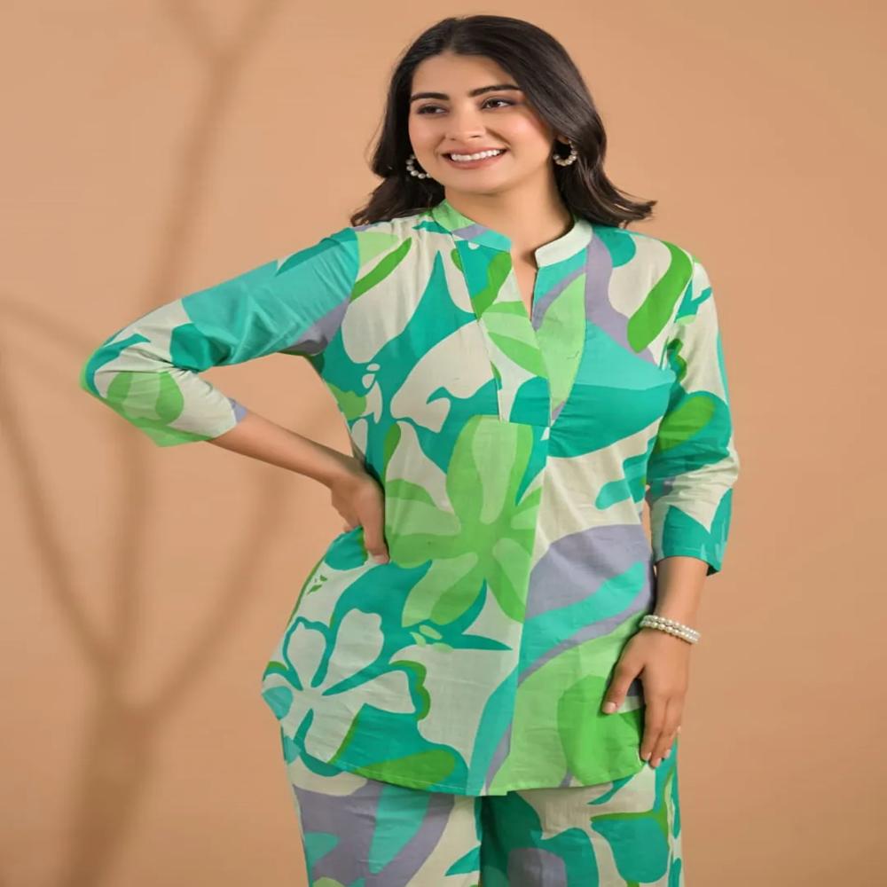 Curved Style Cotton Fabric Green Color Co-Ord Set