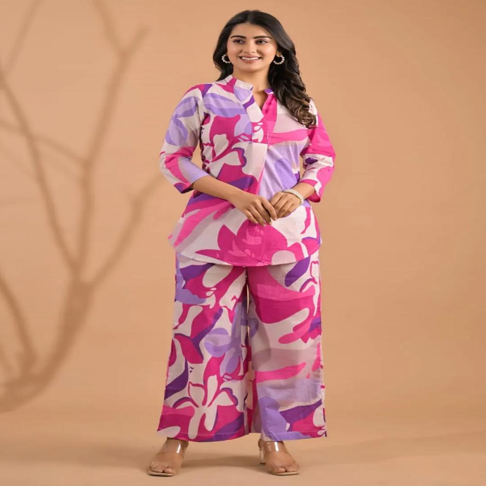 Curved Style Cotton Fabric Lavender Color Co-Ord Set