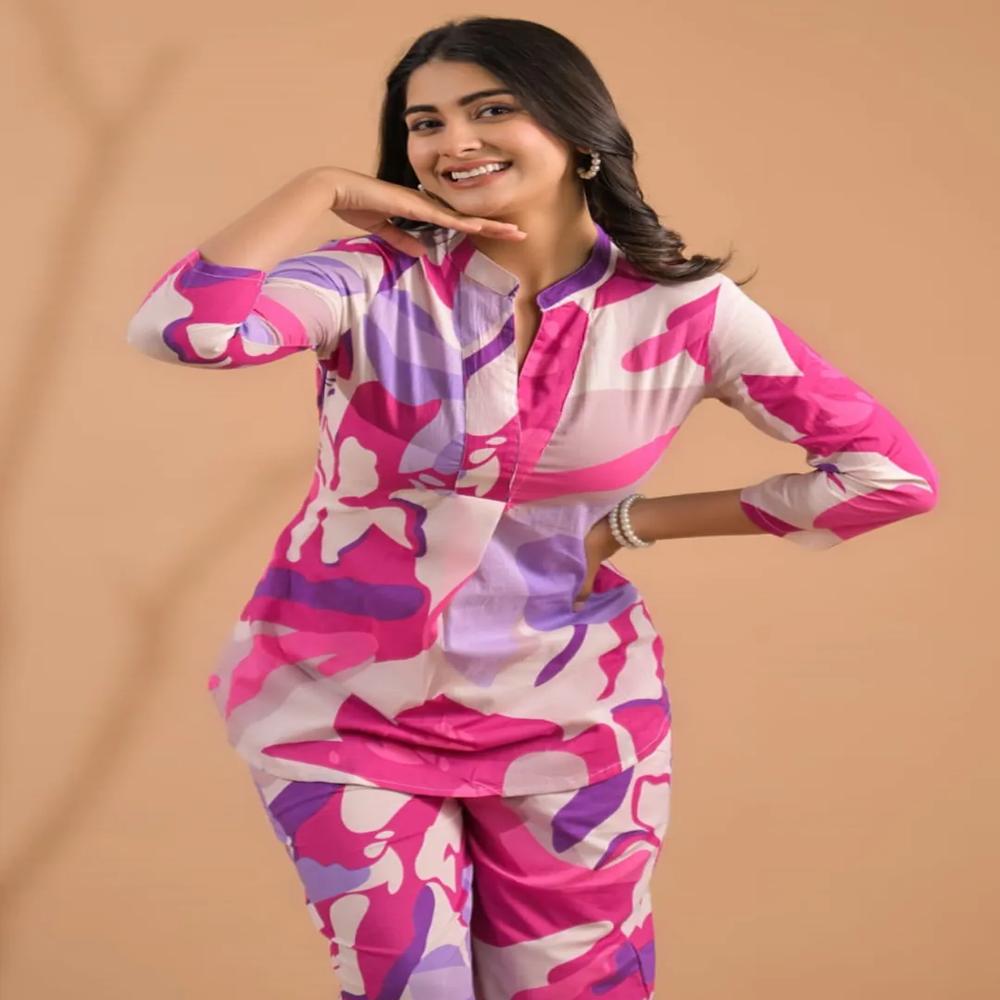 Curved Style Cotton Fabric Lavender Color Co-Ord Set