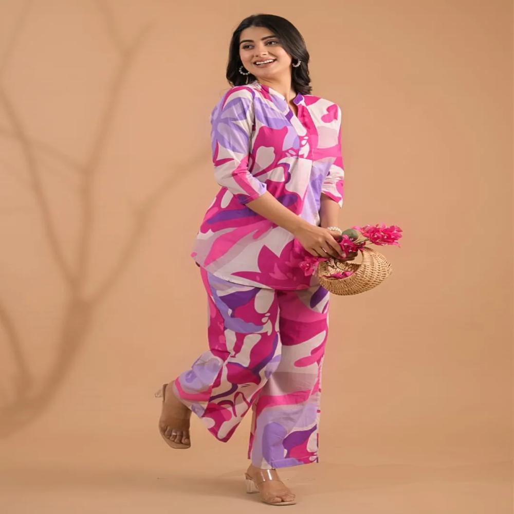 Curved Style Cotton Fabric Lavender Color Co-Ord Set