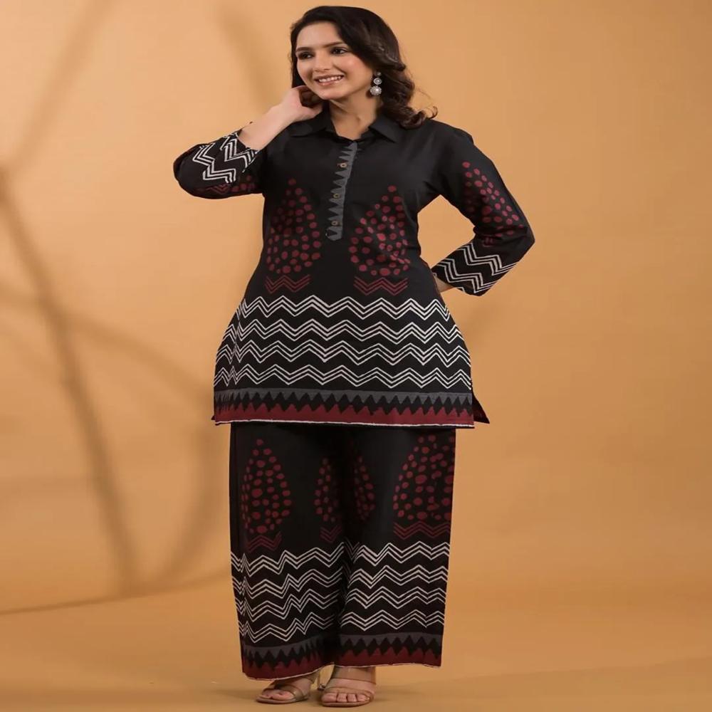 Straight Style Cotton Fabric Black Color Co-Ord Set