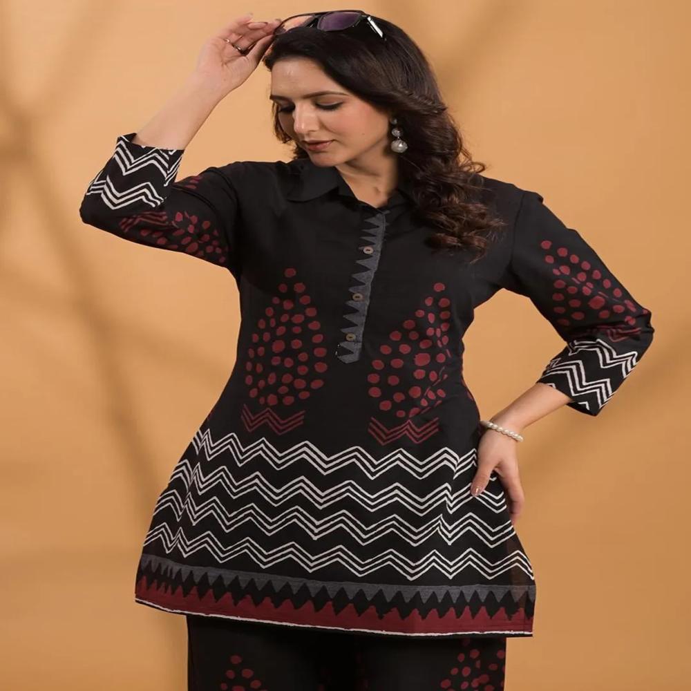 Straight Style Cotton Fabric Black Color Co-Ord Set