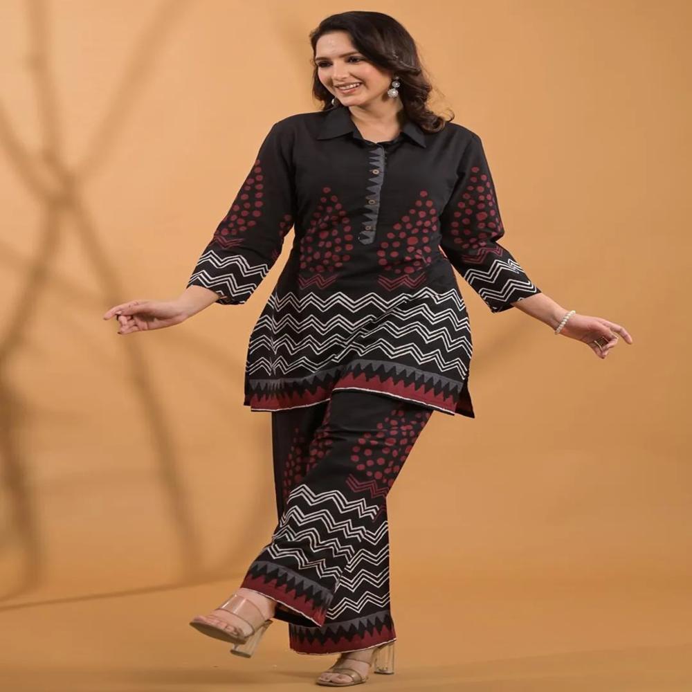 Straight Style Cotton Fabric Black Color Co-Ord Set
