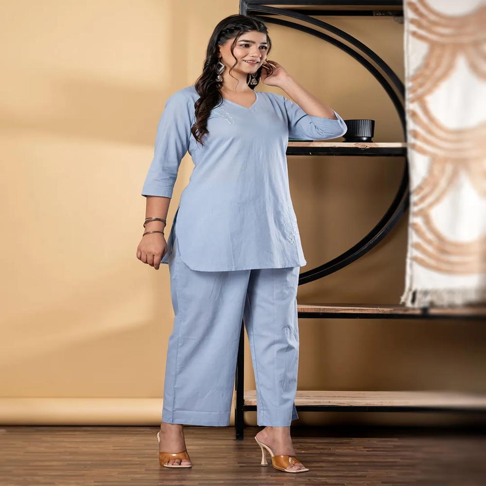 Curved Style Cotton Fabric Blue Color Co-Ord Set