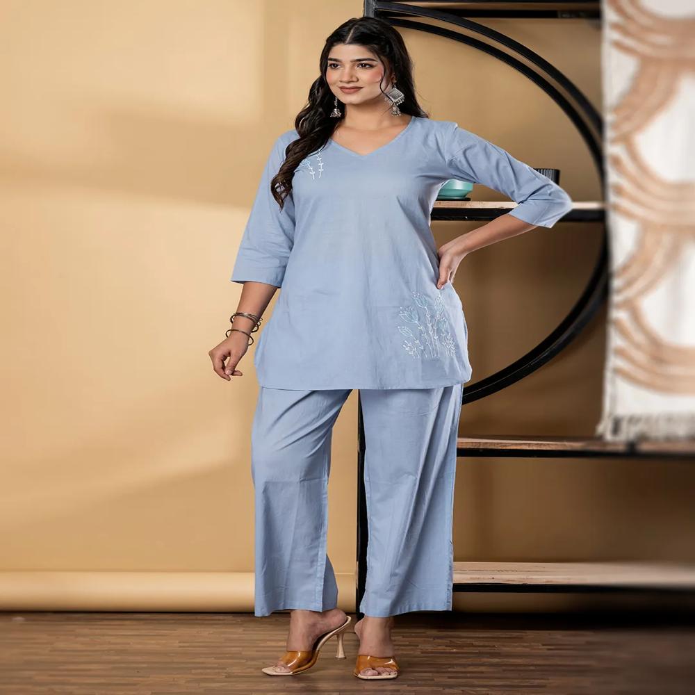 Curved Style Cotton Fabric Blue Color Co-Ord Set