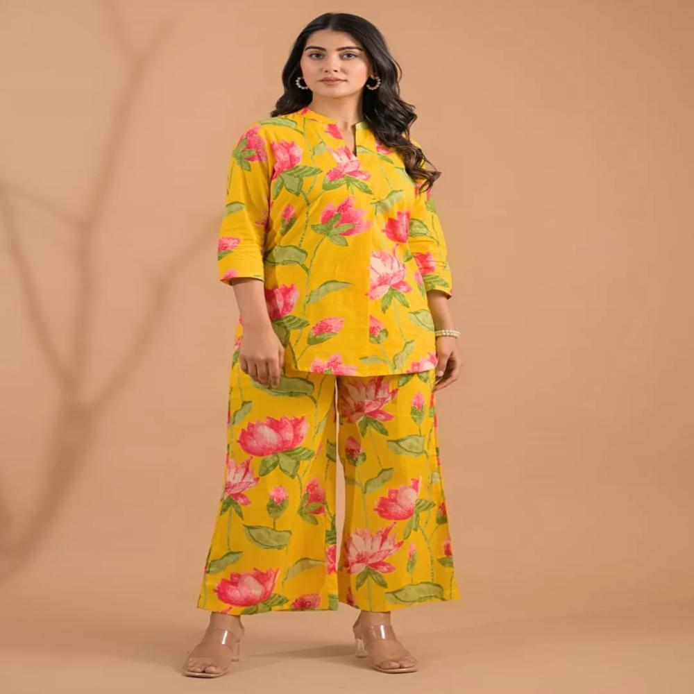 Curved Style Cotton Fabric Yellow Color Co-Ord Set