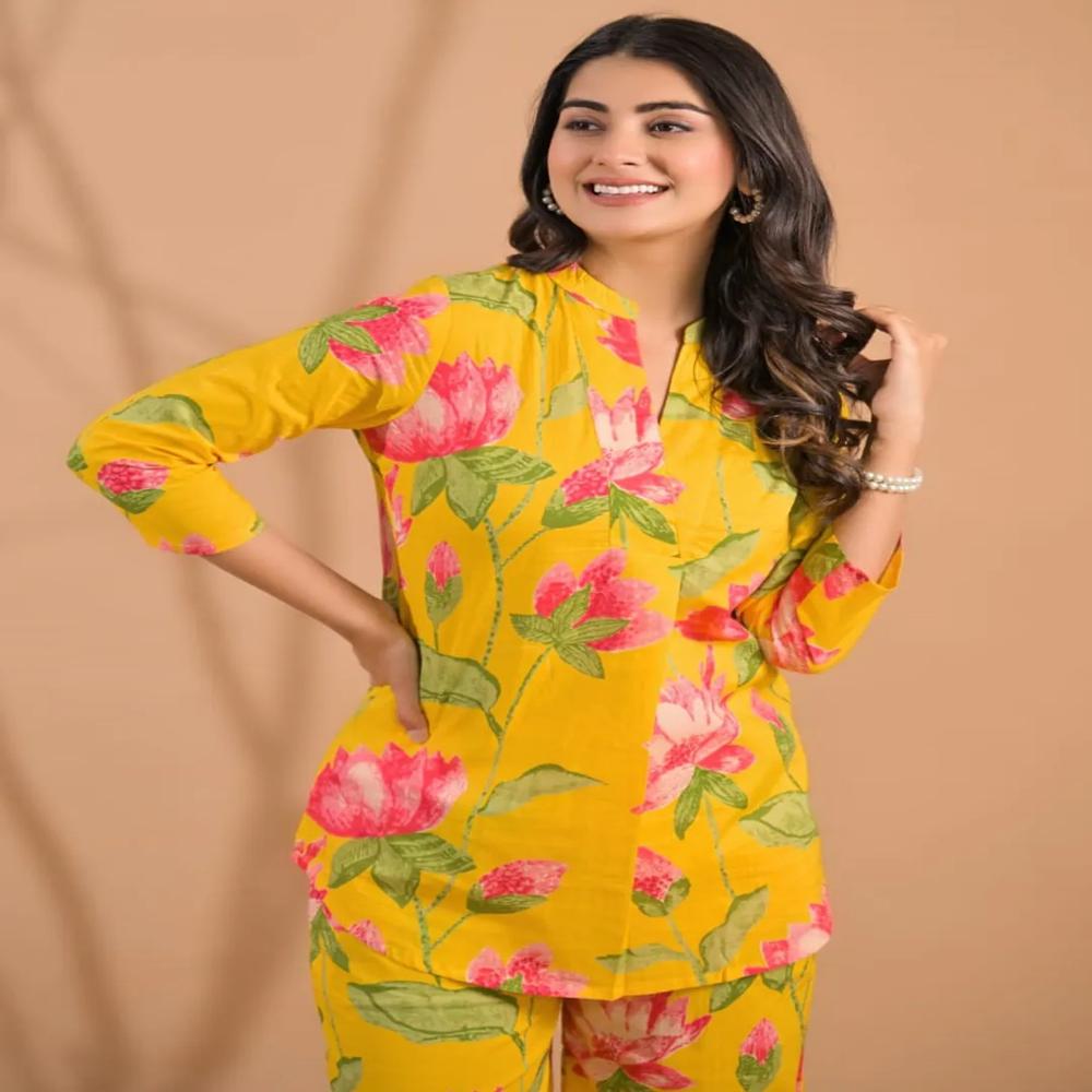 Curved Style Cotton Fabric Yellow Color Co-Ord Set