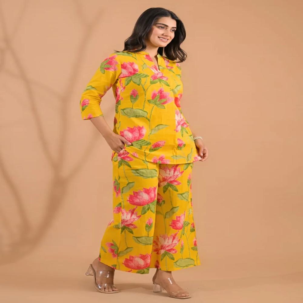 Curved Style Cotton Fabric Yellow Color Co-Ord Set