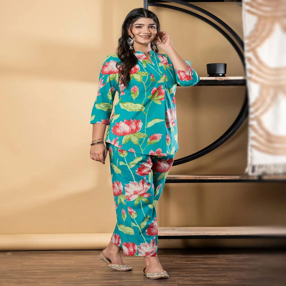 Curved Style Cotton Fabric Blue Color Co-Ord Set