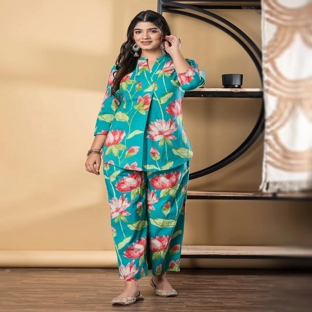 Curved Style Cotton Fabric Blue Color Co-Ord Set