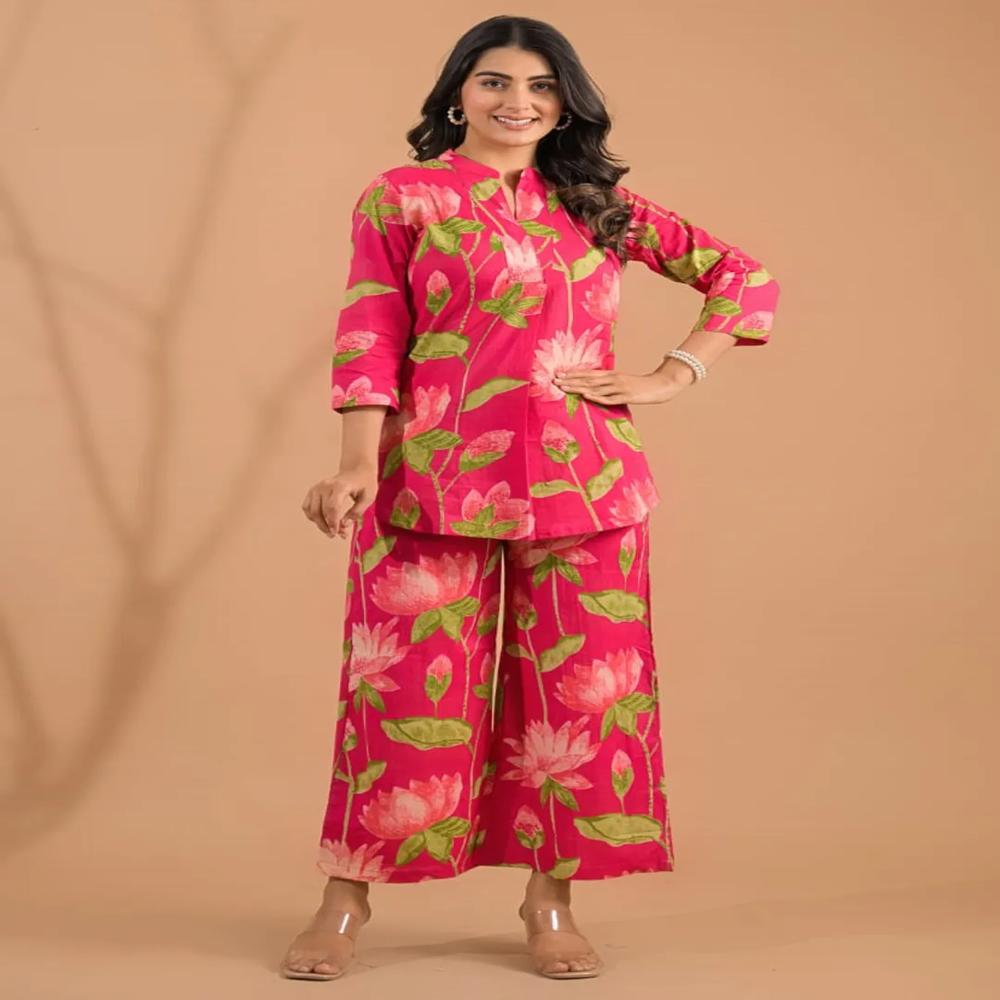 Curved Style Cotton Fabric Pink Color Co-Ord Set