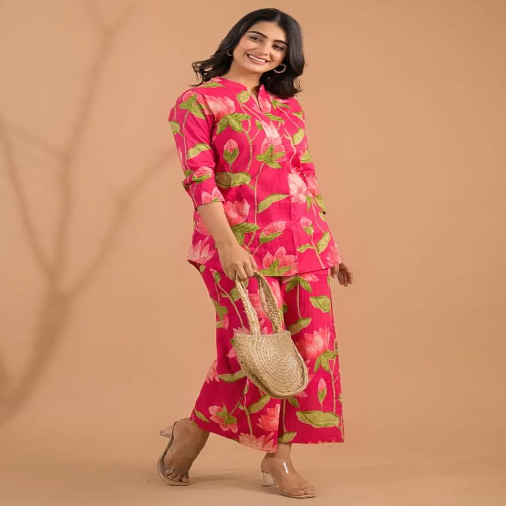 Curved Style Cotton Fabric Pink Color Co-Ord Set