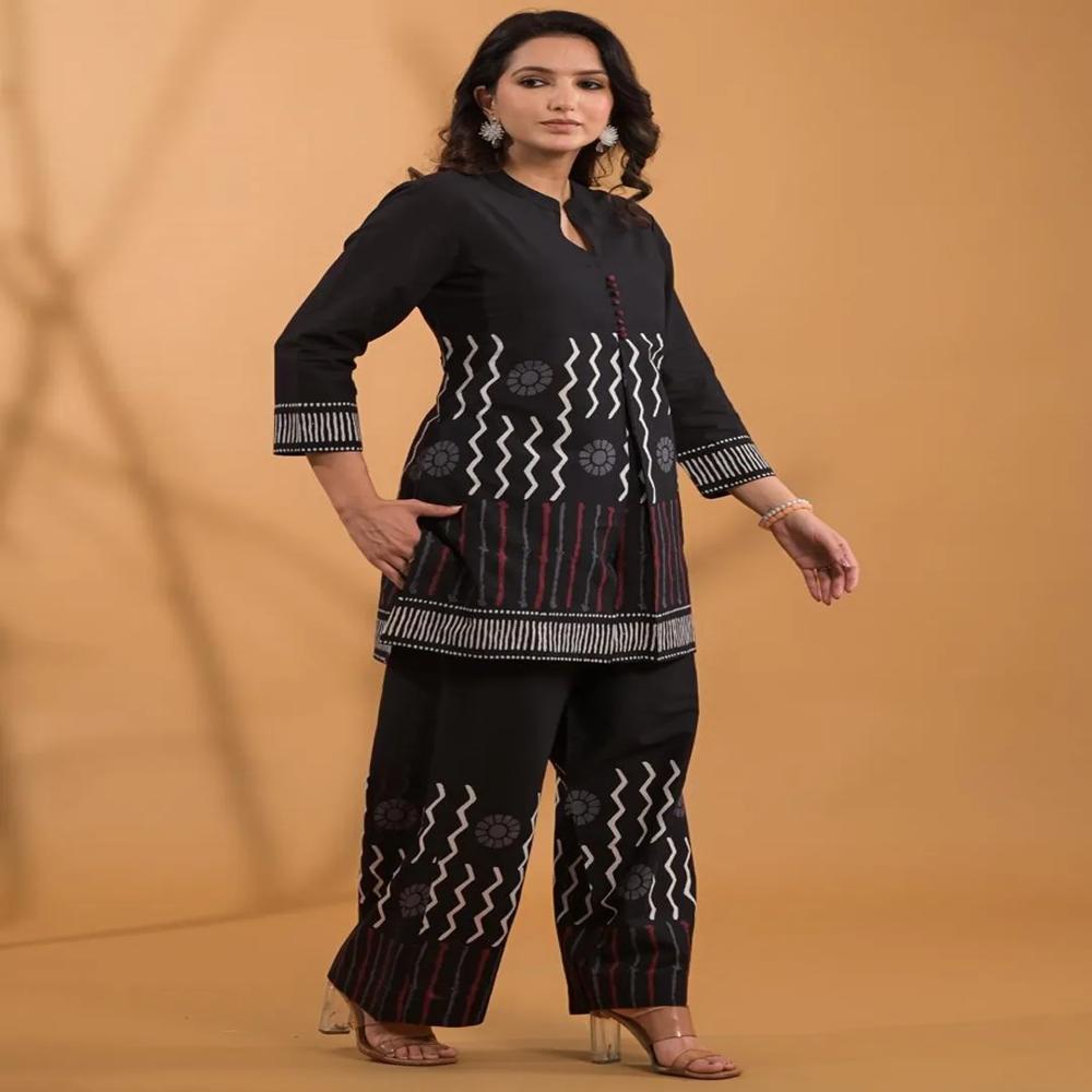 Straight Style Cotton Fabric Black Color Co-Ord Set