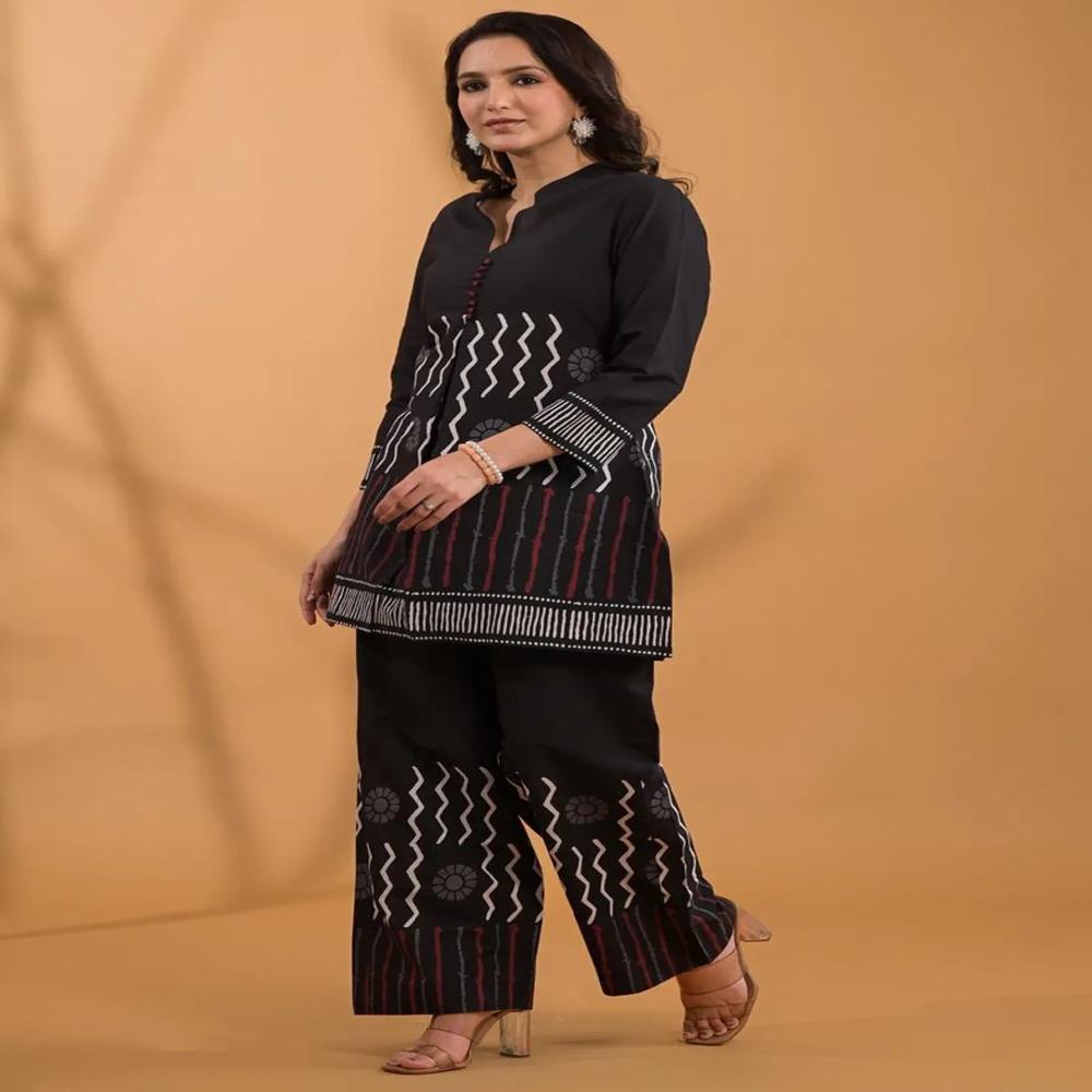 Straight Style Cotton Fabric Black Color Co-Ord Set