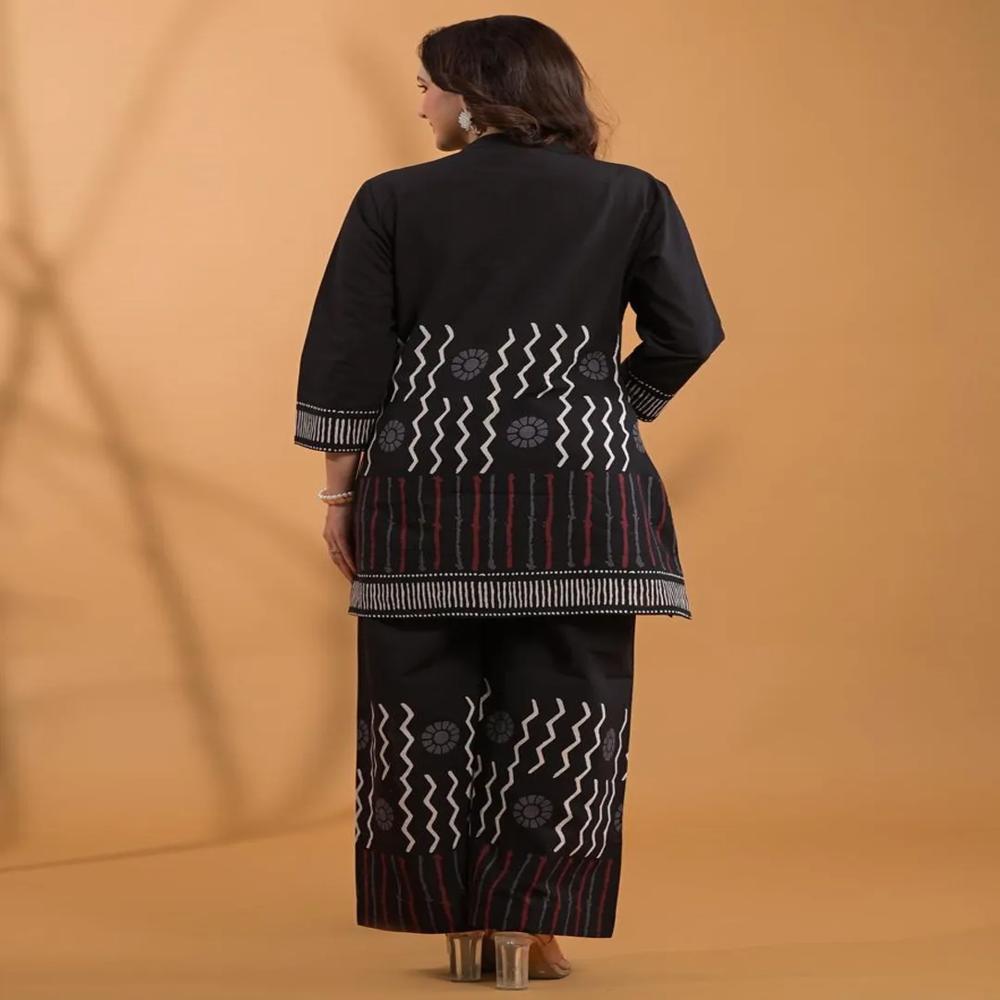 Straight Style Cotton Fabric Black Color Co-Ord Set