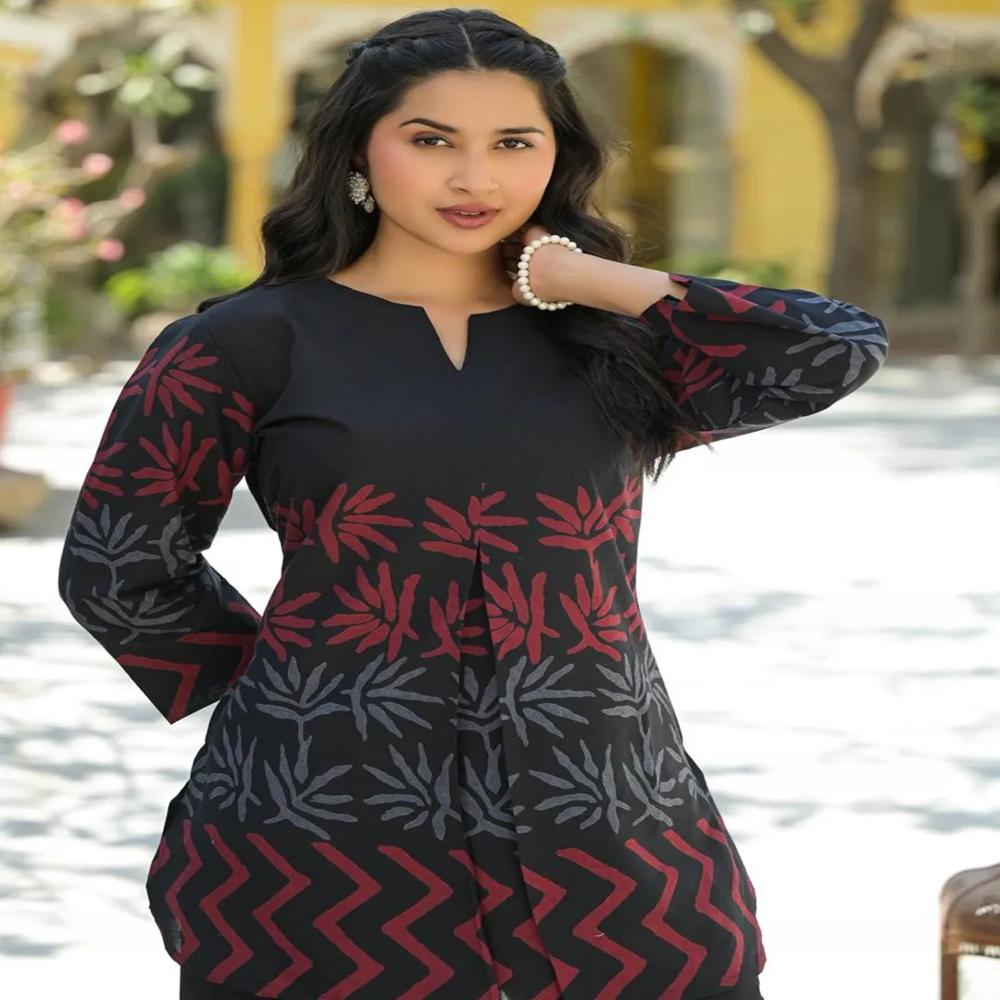 Curved Style Cotton Fabric Black Color Co-Ord Set