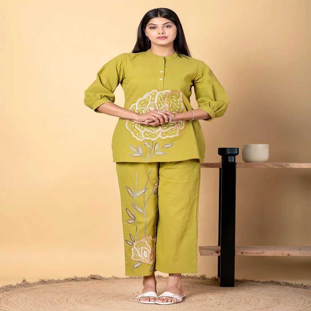 Straight Style Cotton Flex Fabric Green Color Co-Ord Set