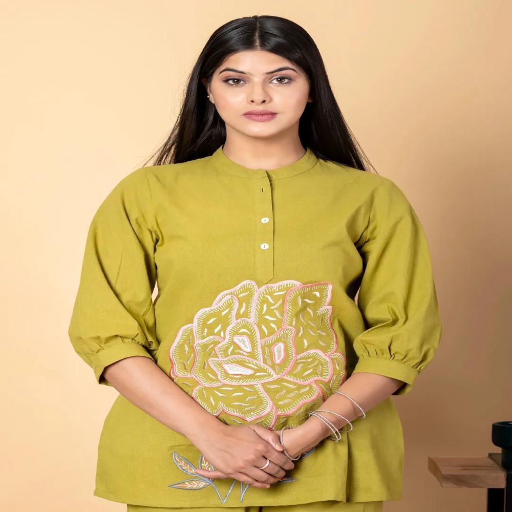 Straight Style Cotton Flex Fabric Green Color Co-Ord Set