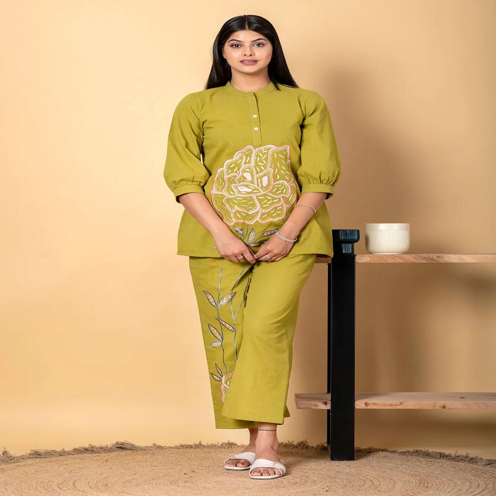 Straight Style Cotton Flex Fabric Green Color Co-Ord Set