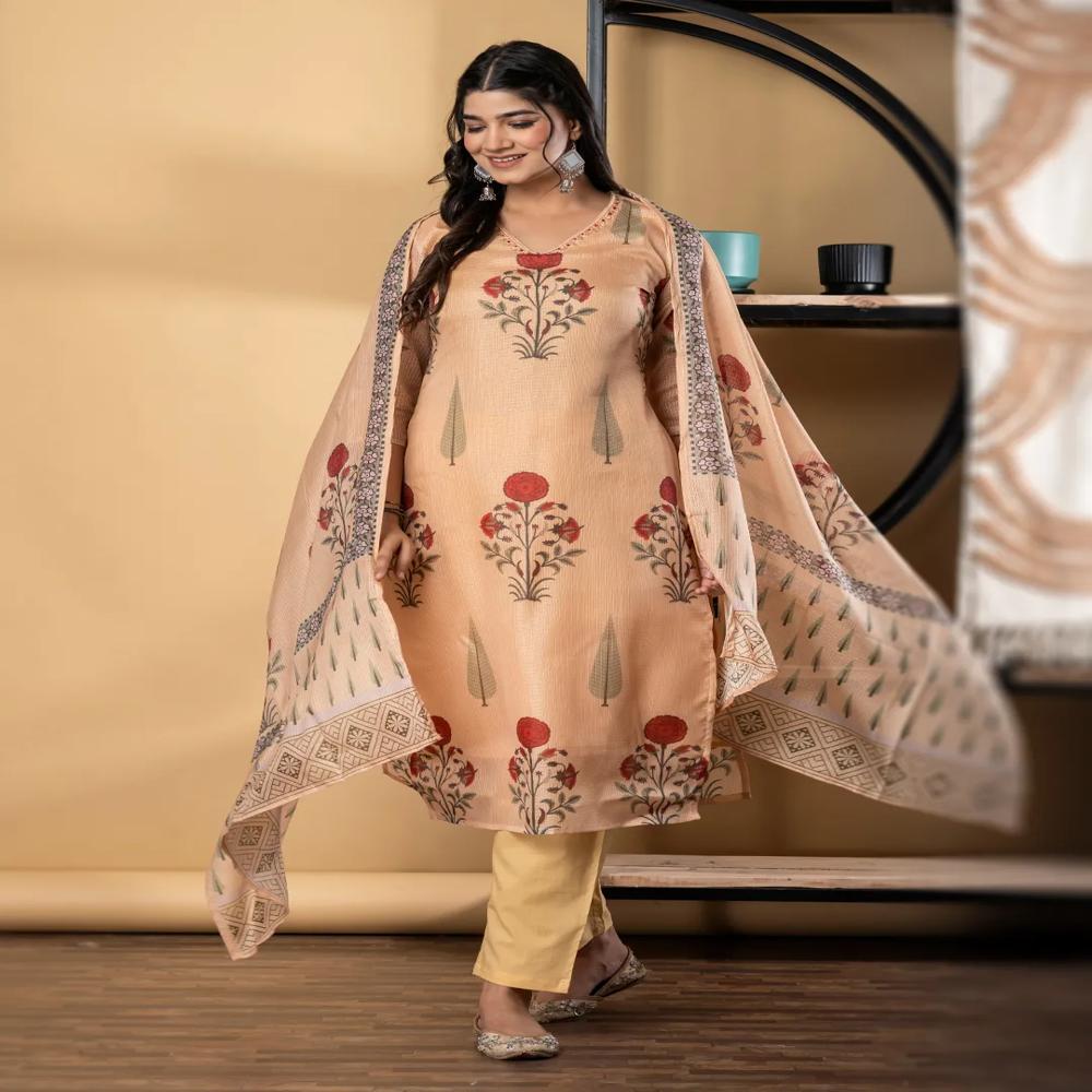Straight Style Kota Doria Fabric Mustard Color Kurta And Bottom With Dupatta