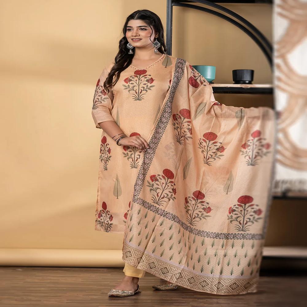 Straight Style Kota Doria Fabric Mustard Color Kurta And Bottom With Dupatta